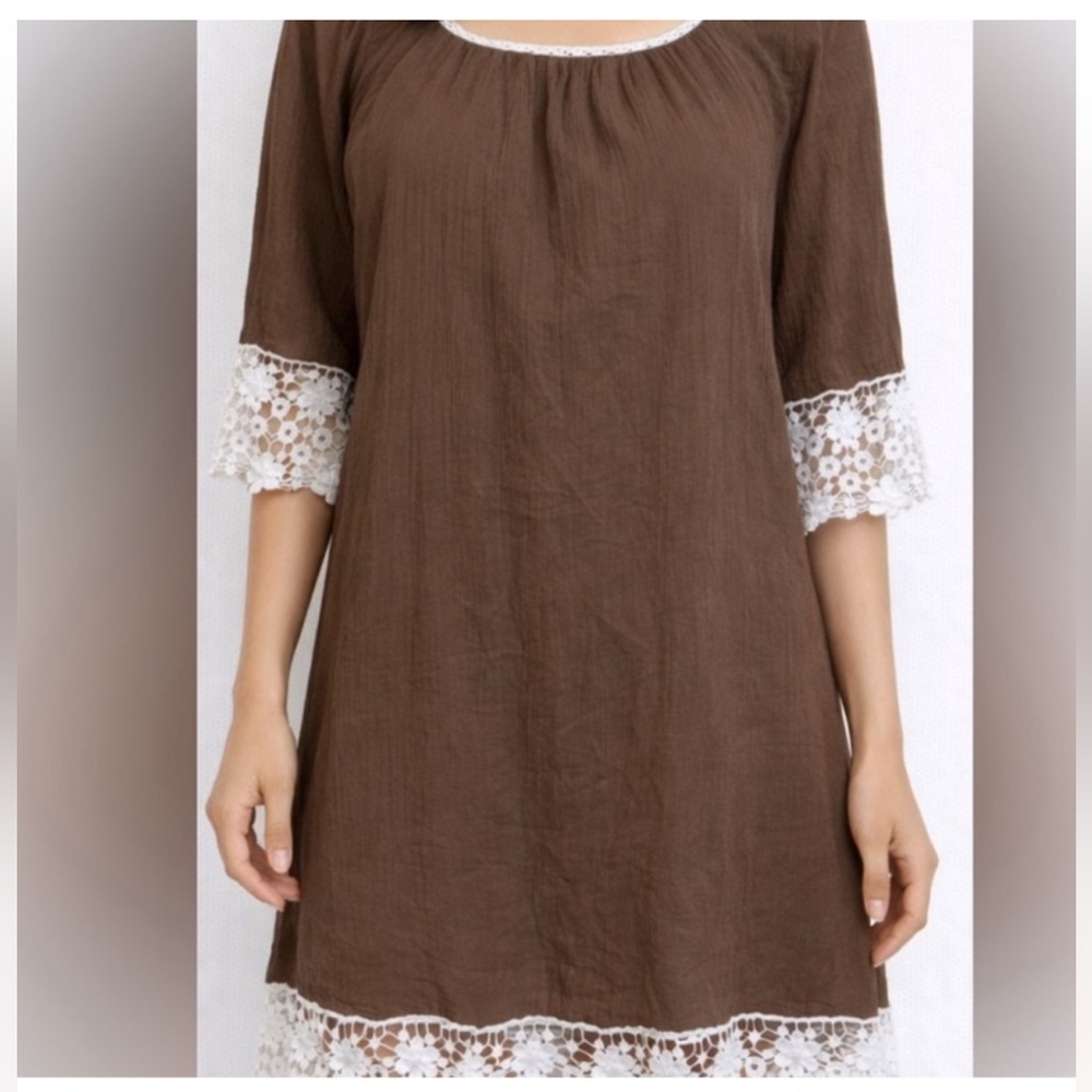 Umgee Boho Mini Dress Brown Lace Trim Flowy Peasant Cottagecore S - Picture 7 of 7